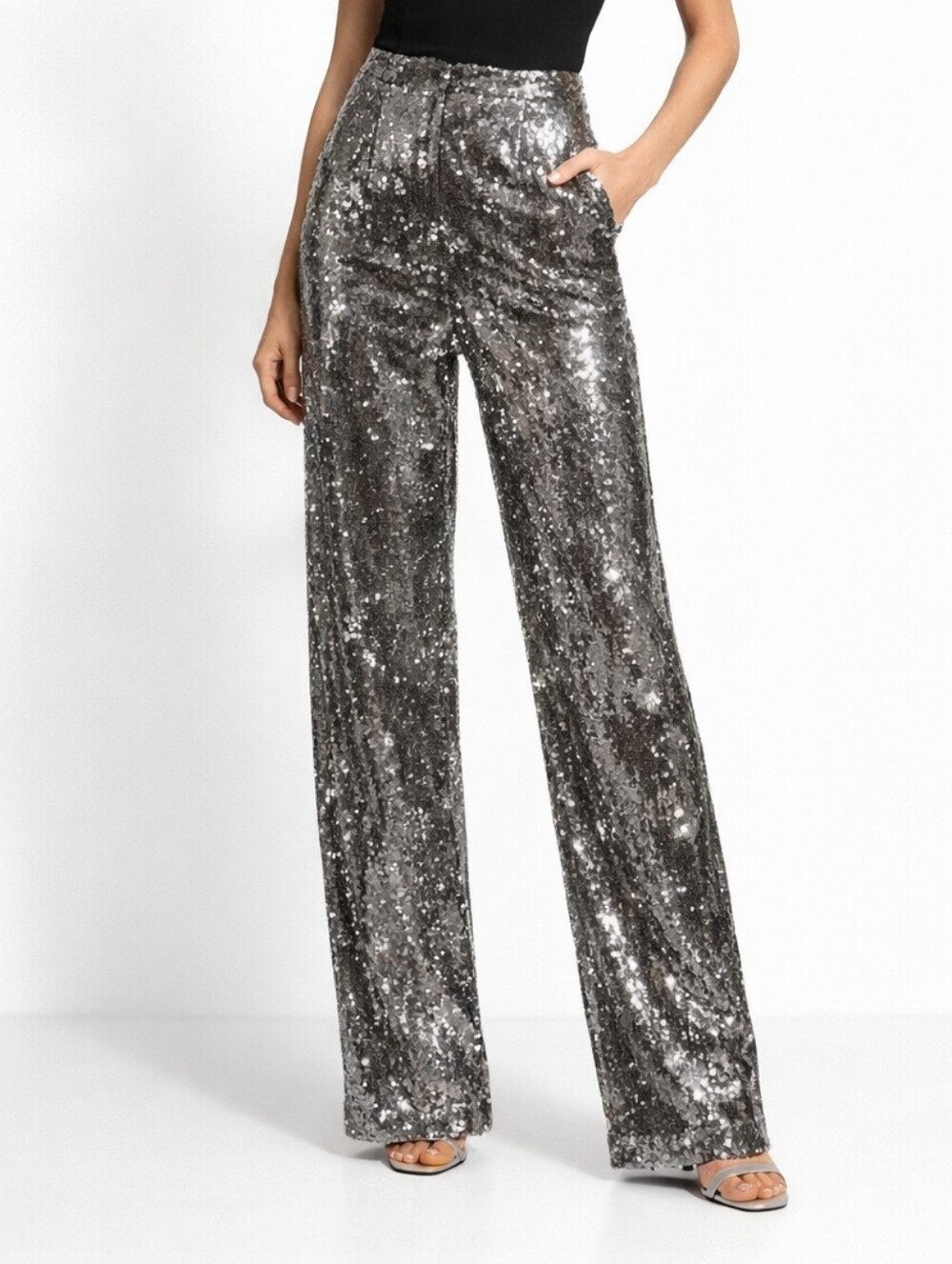 a new day Silver Sequin Wide-Leg Pants Evening Silver Gray 6